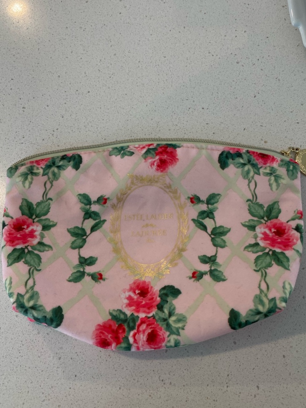 Estee Lauder Pink Floral Makeup Pouch with Gold Trim